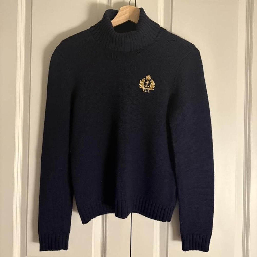 Ralph Lauren Navy Turtleneck Sweater with Gold Emblem